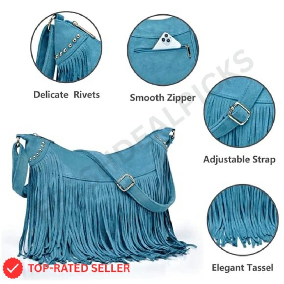 Vintage Suede Hobo Crossbody Bag Fringe Tassel Western Boho Chic - Picture 6 of 8